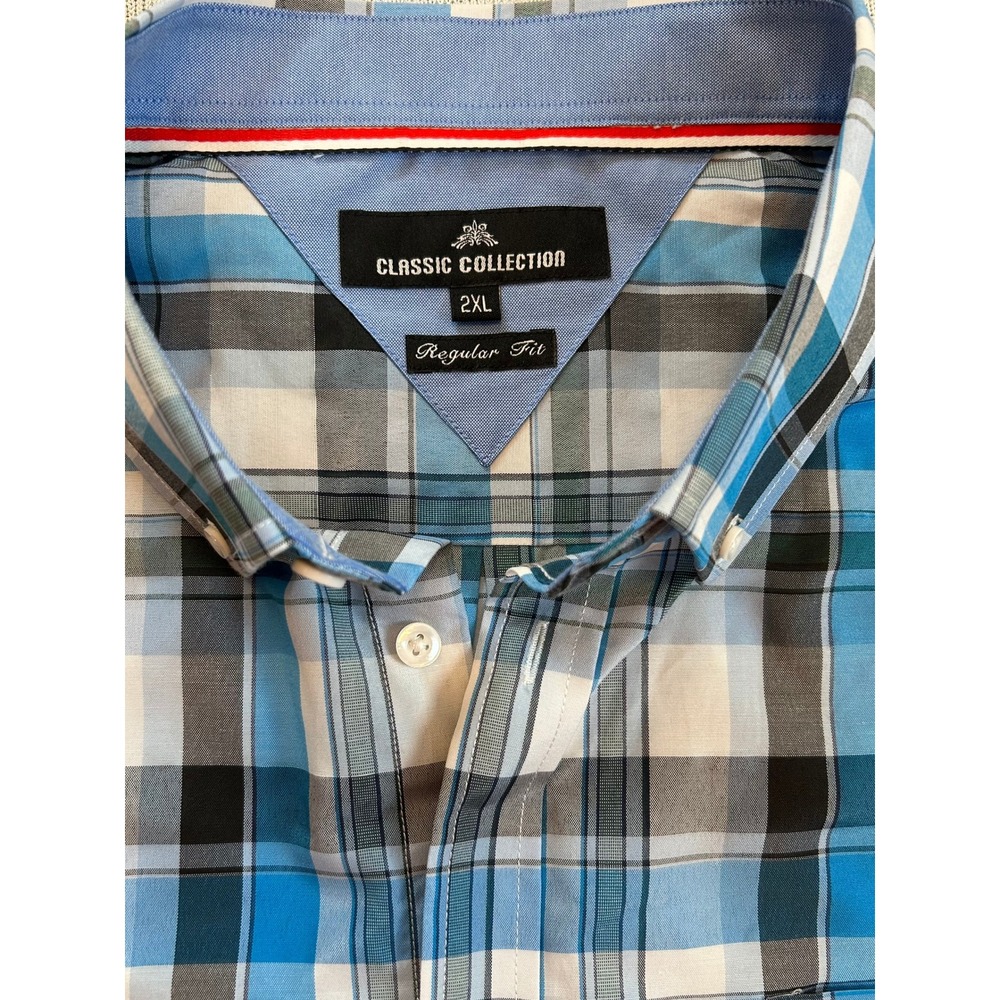 Classic Collection Mens Plaid‎ Button Down Shirt 2XL Blue Big & Tall Dress Shirt